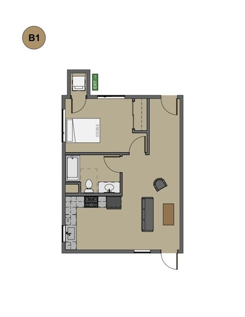 Floor plan for 1 bed, 1 bath, 638 sqft